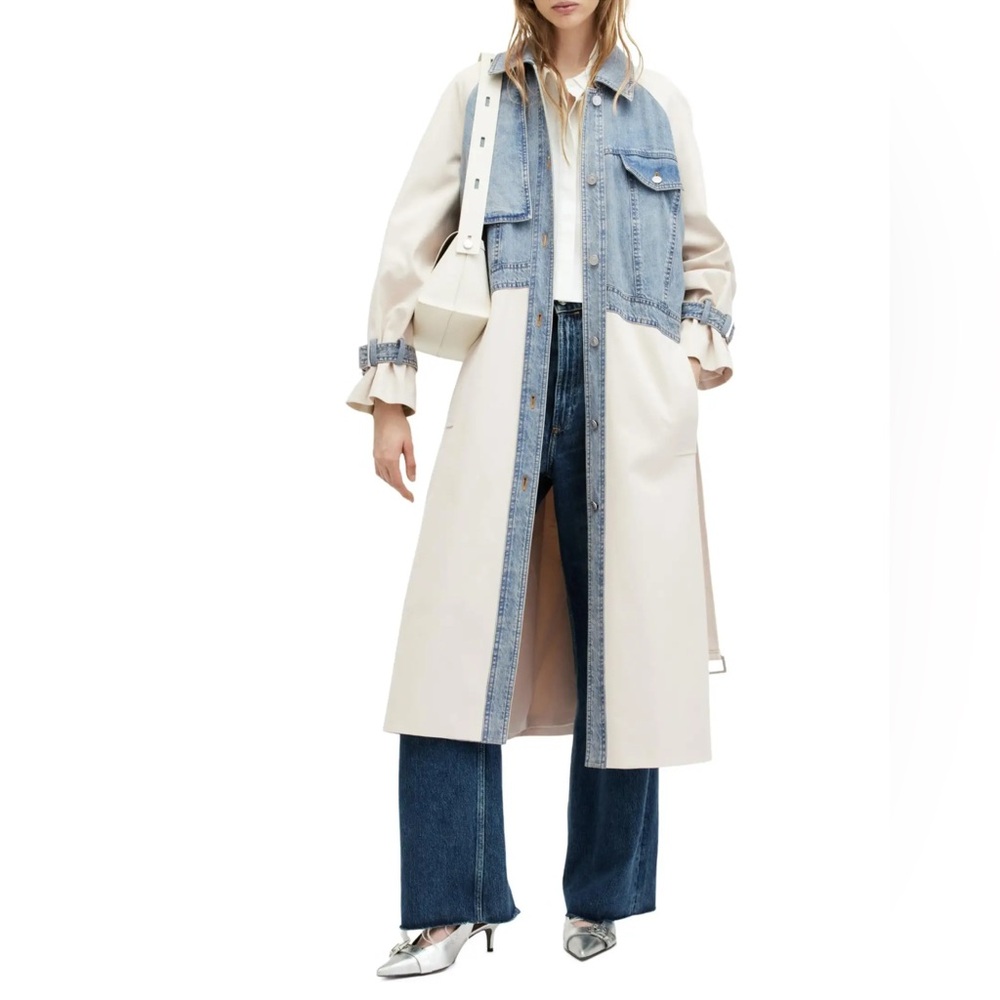 AllSaints Blue Dayly Denim Paneled Relaxed Trench Coat in Stone White, size M